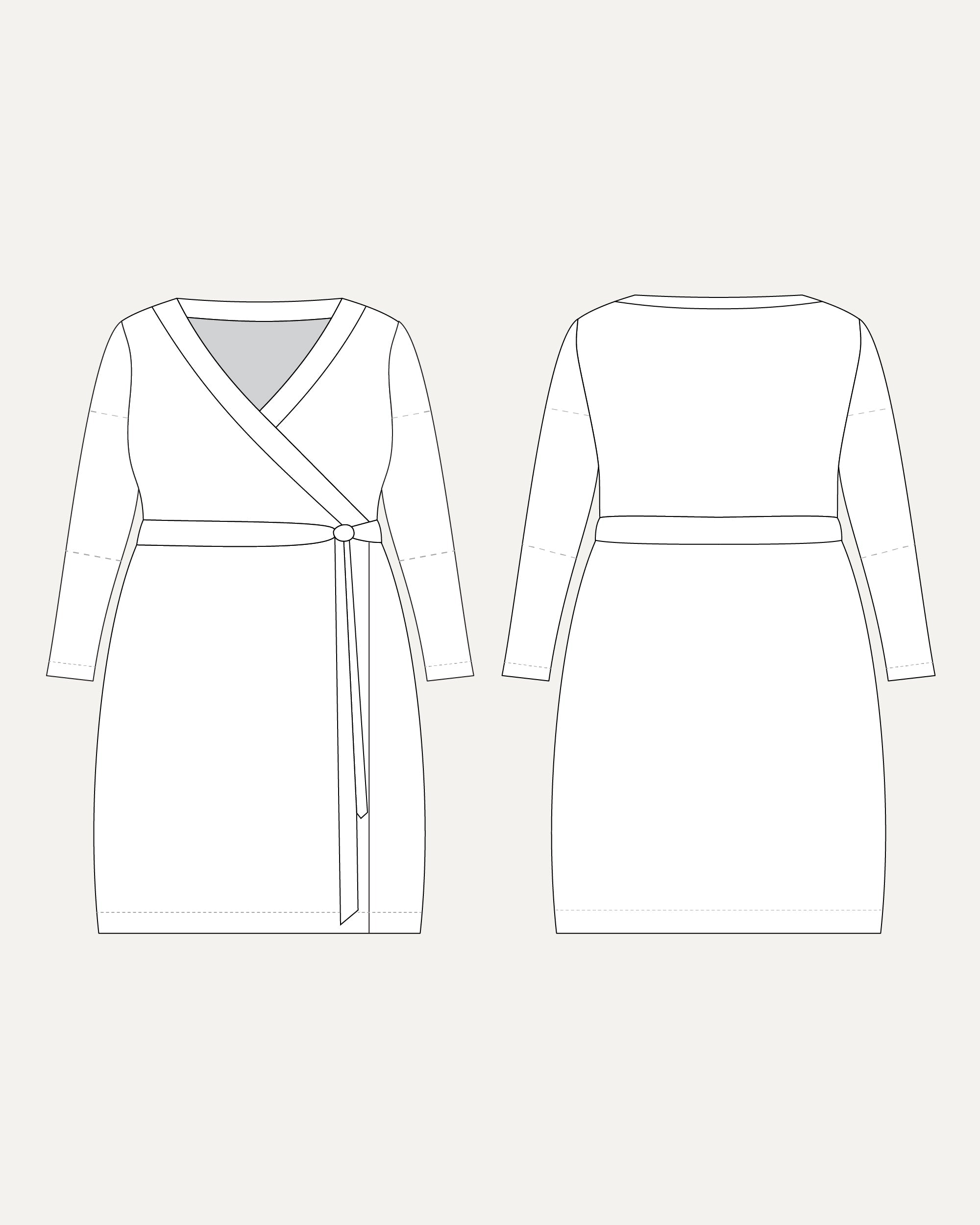 Line drawing of a wrap dress from front and back views on a white background. This dress is the Appleton Wrap Dress sewing pattern from Cashmerette.