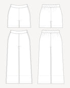 Line drawings of various styles of pants on a white background. These pants are the Calder Pants & Shorts sewing pattern from Cashmerette.