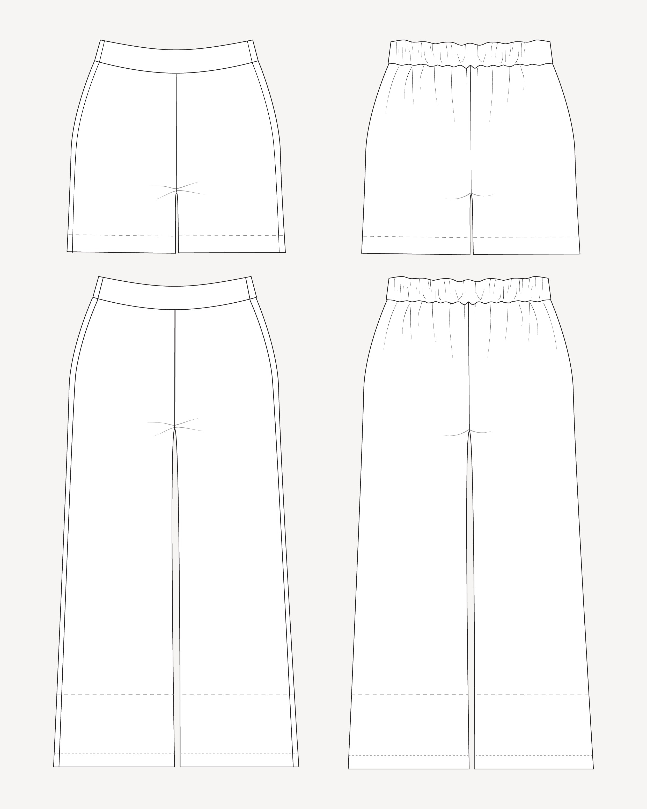 Line drawings of various styles of pants on a white background. These pants are the Calder Pants & Shorts sewing pattern from Cashmerette.