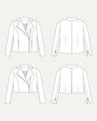 Line drawing of a jacket from multiple angles on a white background. This biker jacket is the Canton Moto Jacket sewing pattern from Cashmerette.