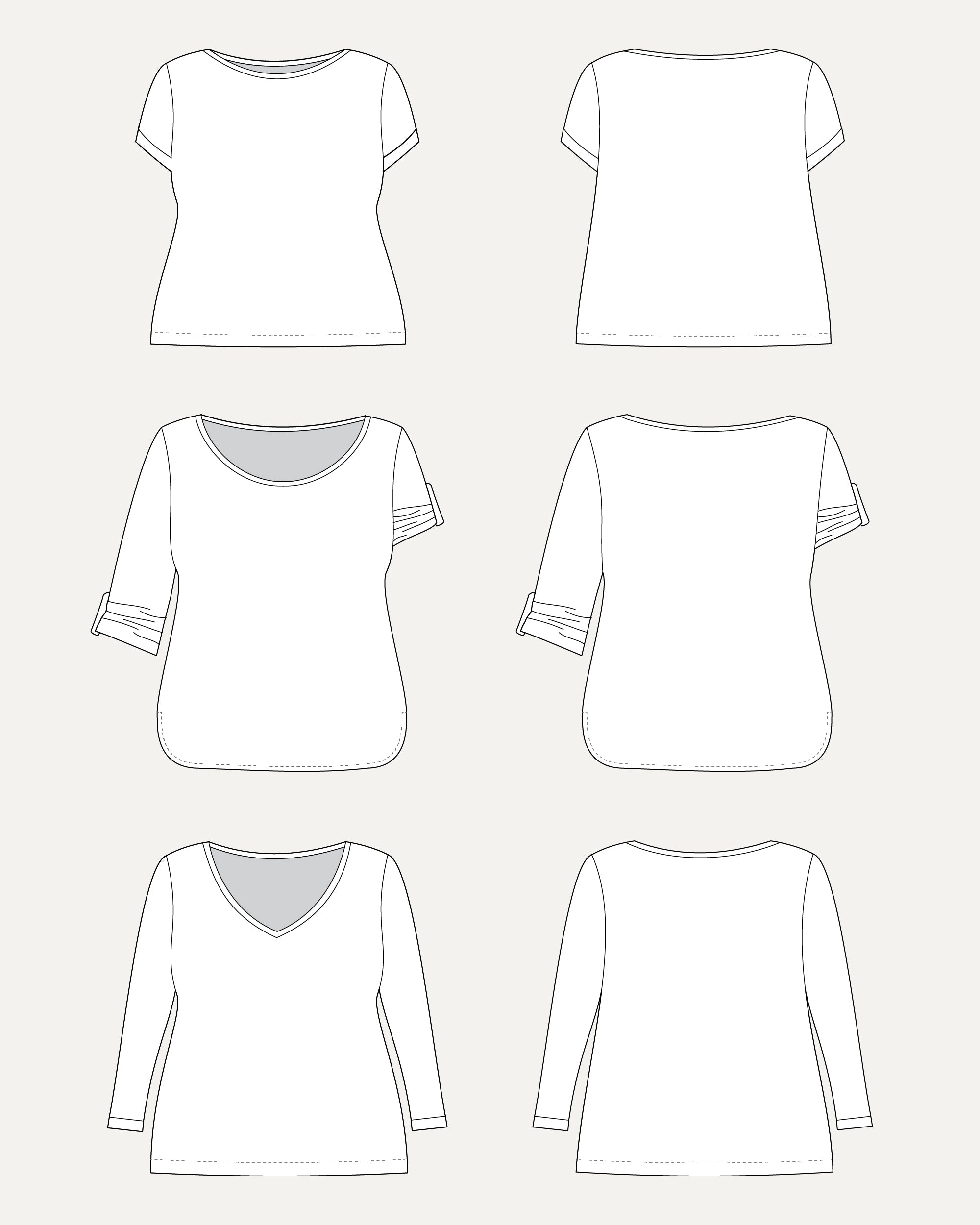 Line art of various t-shirt designs on a white background. This t-shirt is the Concord T-Shirt sewing pattern from Cashmerette.