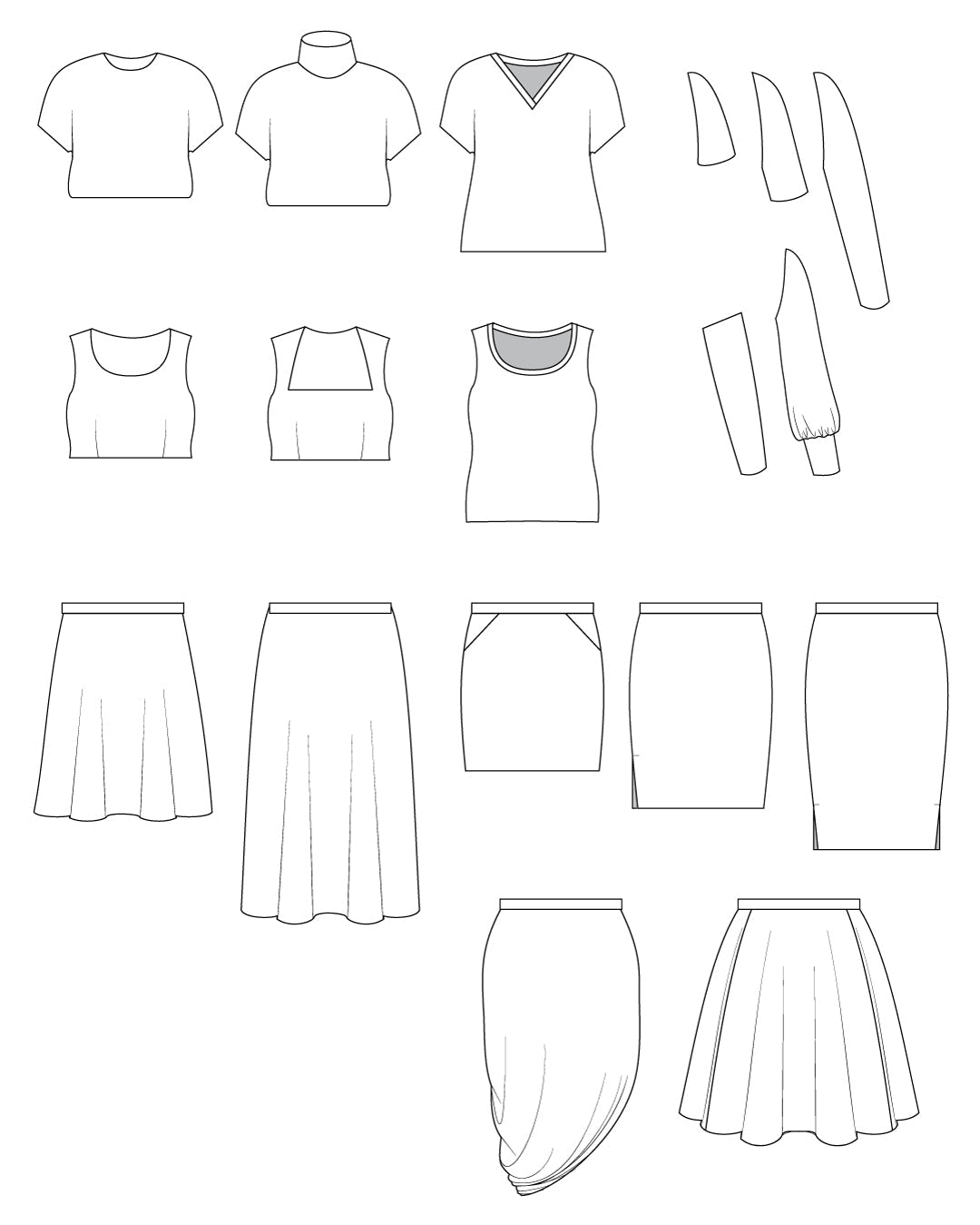 Line drawings of various clothing items including shirts, tops, and skirts on a white background.. This is the Grafton Dress, Top & Skirt sewing pattern from Cashmerette.