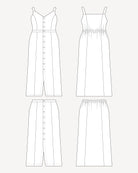 Line drawing of a dress and skirt on a white background. This is the Holyoke Maxi Dress & Skirt sewing pattern from Cashmerette.