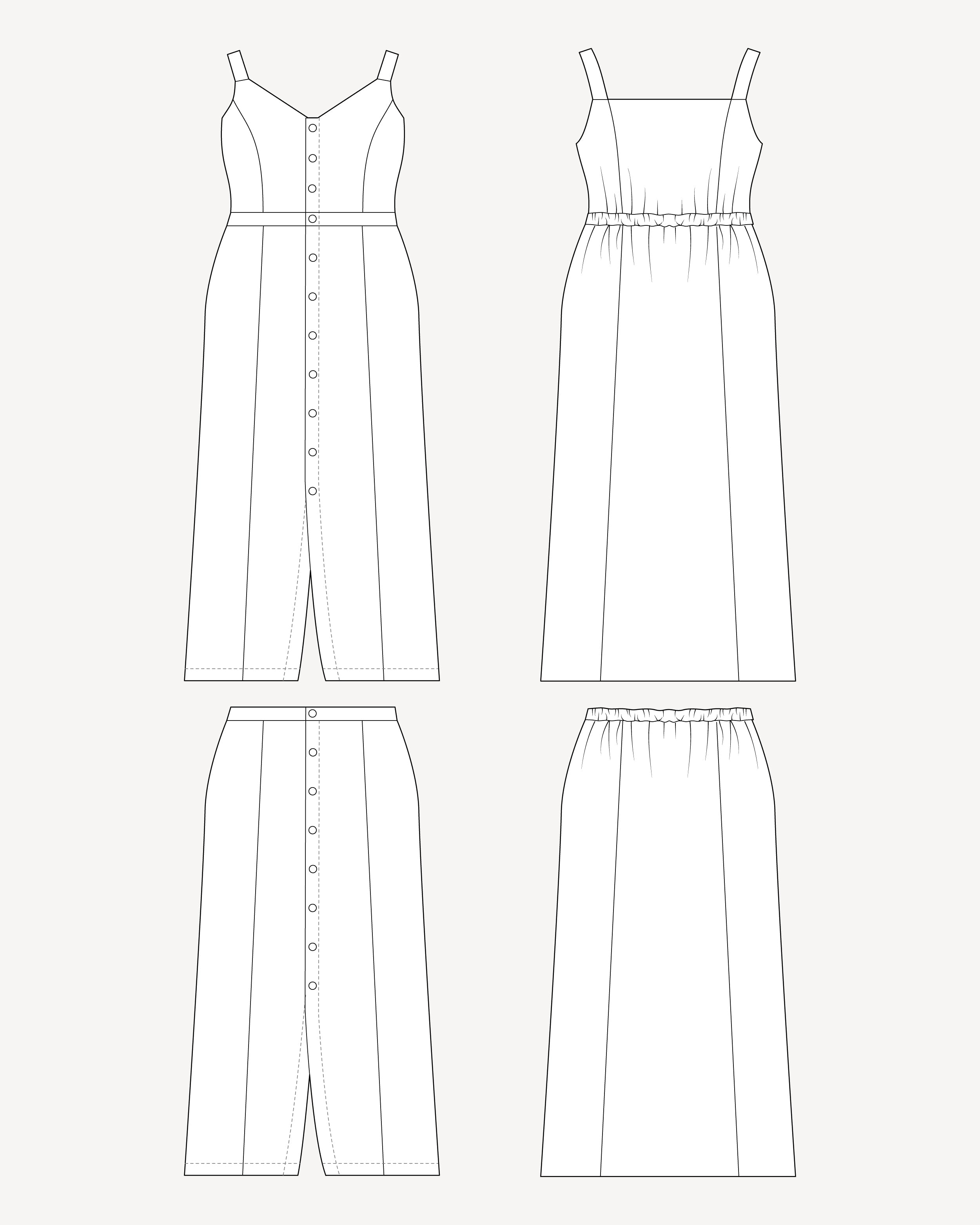 Line drawing of a dress and skirt on a white background. This is the Holyoke Maxi Dress & Skirt sewing pattern from Cashmerette.