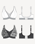 Illustrations of various bras from different angles on a white background. This bralette is the Loftus Bralette sewing pattern from Cashmerette.