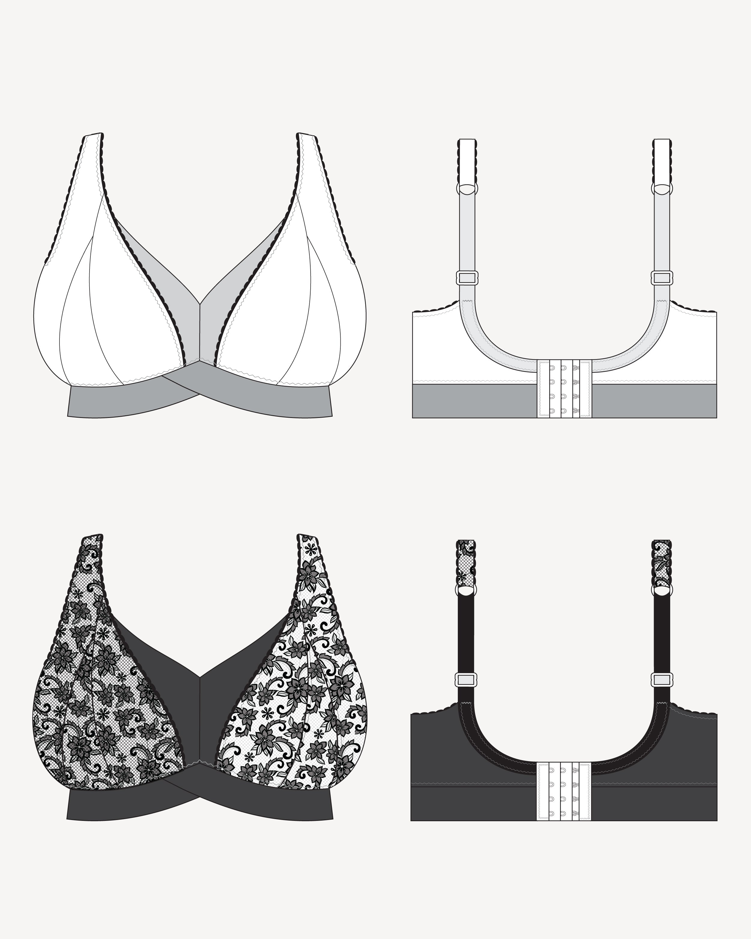 Illustrations of various bras from different angles on a white background. This bralette is the Loftus Bralette sewing pattern from Cashmerette.