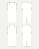 Technical drawing of a pair of pants from multiple angles on a white background. These pants are the Meriam Trousers sewing pattern from Cashmerette.