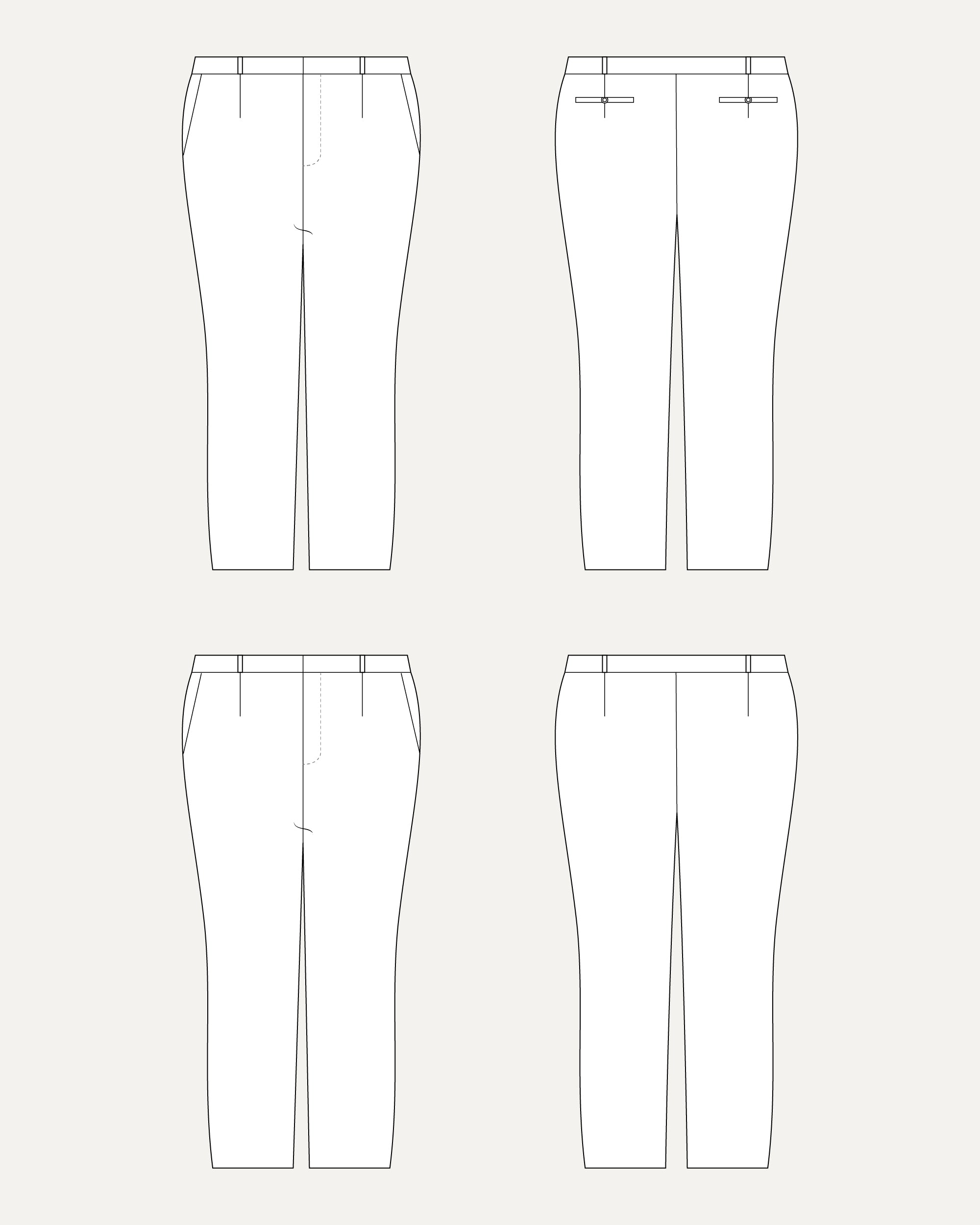 Technical drawing of a pair of pants from multiple angles on a white background. These pants are the Meriam Trousers sewing pattern from Cashmerette.