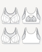 Technical drawings of a sports bra from multiple angles on a white background. This is the Somerville Sports Bra sewing pattern from Cashmerette.