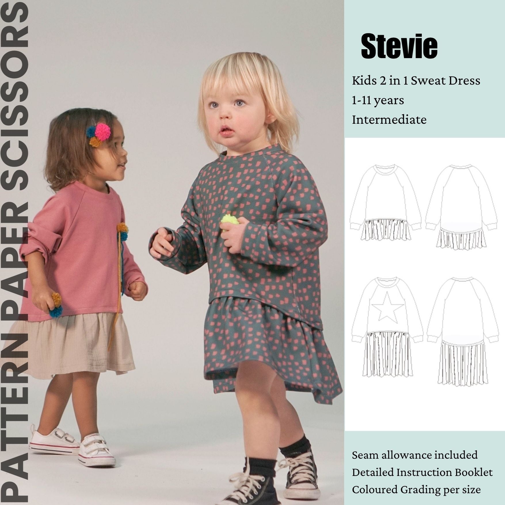 Kids, Girls 2 in 1 Layered Sweat Dress PDF Sewing Pattern, Ages 1-11 years