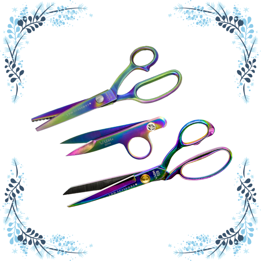 Iridescent coloured Prism Fabric Shear 9”, Prism Pinking Shear, and Prism Thread Snip.