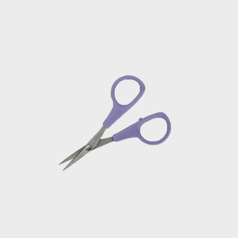 Curved blade embroidery scissor with purple handle.