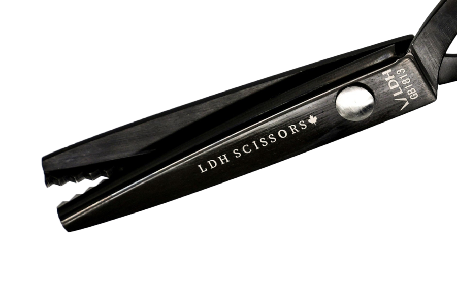 Black pinking shears, blade detail.