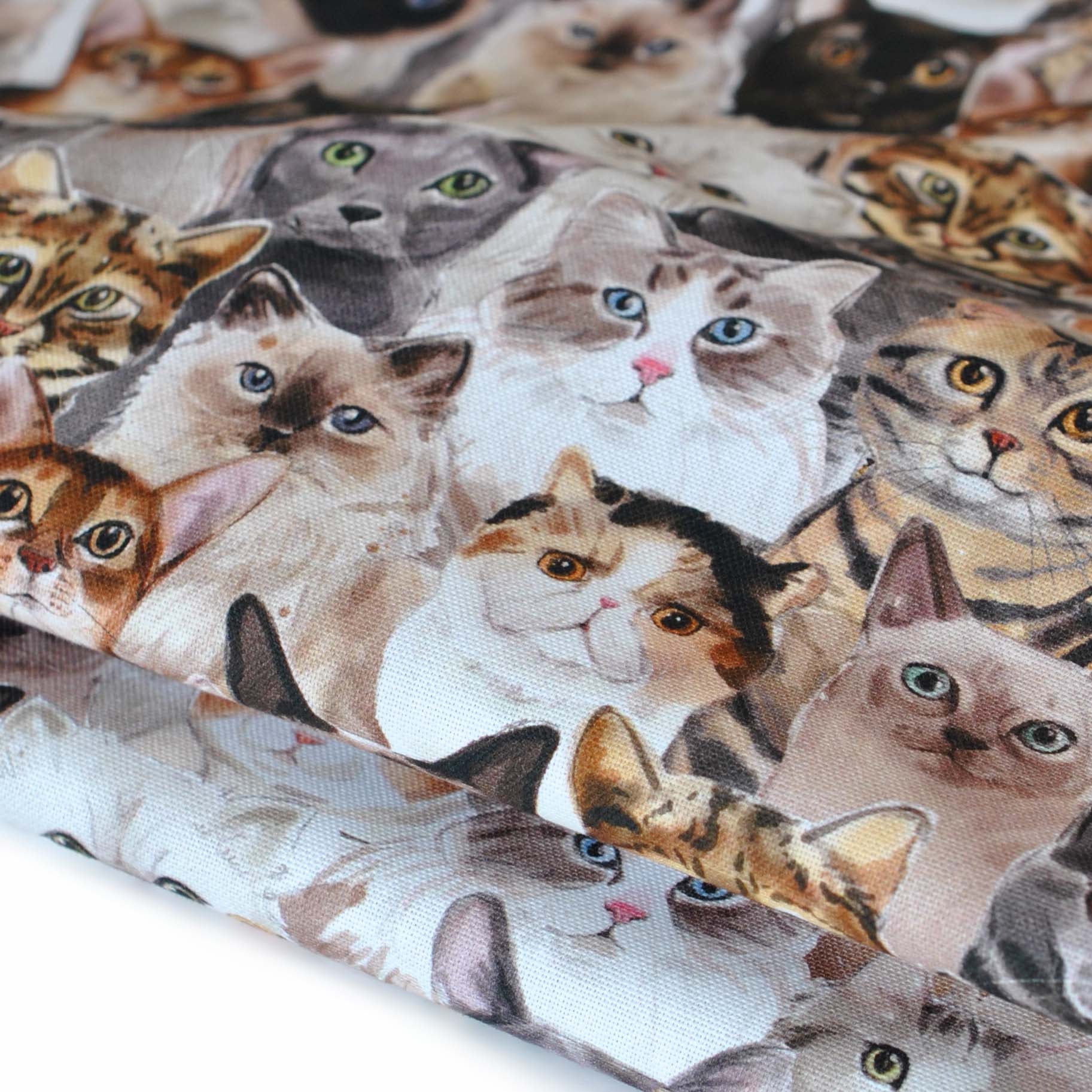 Fun Sewing Packed Cats Fabric White Canvas / Yard