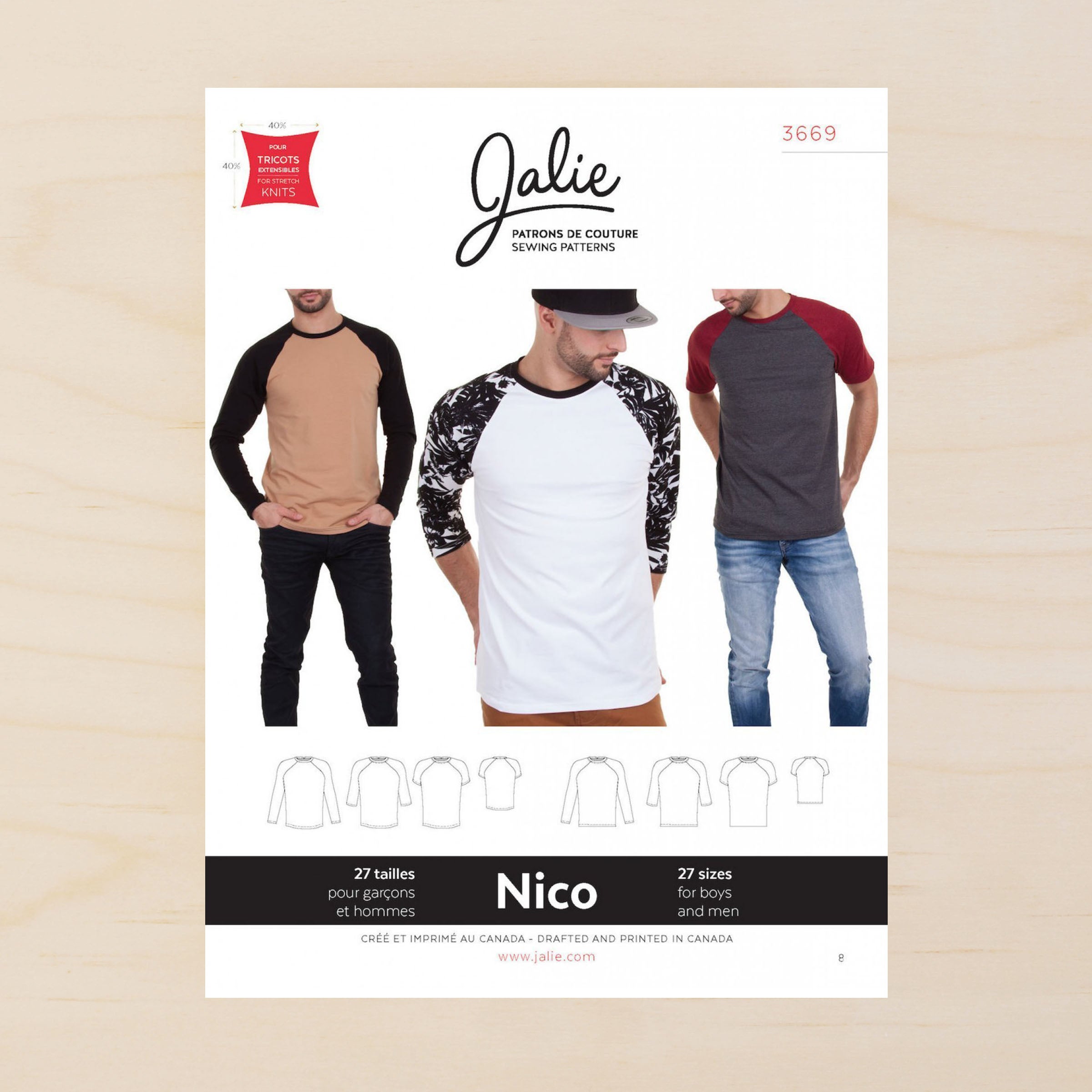 Sewing Pattern Jalie 3669 - NICO - Men's Raglan Tees