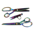 Iridescent coloured Prism Fabric Shear 9”, Prism Pinking Shear, and Prism Thread Snip.