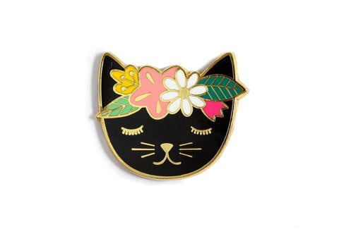 Black cat with floral crown needle minder.